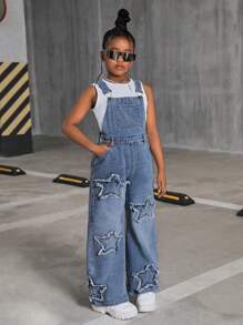 SHEIN Tween 女童 Y2K 休闲石洗磨边星星图案牛仔工装裤（不含背心），Tween 女童返校服装 - 中等水洗藍 - 查看 3