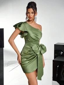 Glamrae Elegant Green Asymmetrical Neck Ruffle-Bust Pleated Side Bow Split Hem Fitted Party Dress, Suitable For Dates, Singles Parties, Weddings, Events, Cocktail Semi Formal Prom Dress, For Birthday, Wedding Guest, Graduation, Dinner, Homecoming
