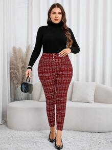 SHEIN Clasi Quần bó kẻ caro cổ điển cỡ lớn mùa thu có nút đàn hồi trang trí, cho quần legging giáng sinh cho nữquần legging mùa đông cho nữquần giáng sinh cho nữ - Màu Đỏ Sâu - Xem 4