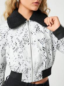 SHEIN EZwear Áo khoác thường ngày cổ lông họa tiết da báo màu tương phản cho nữ - Đen và trắng - Xem 6