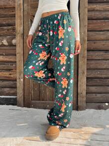 SHEIN EZwear 圣诞姜饼人印花针织裤 - 綠色 - 查看 3