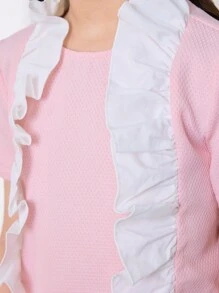 SHEIN 2pcs Tween Girls Casual Contrast Color Ruffle Collar Shirt & Ruffle Hem Pants Set