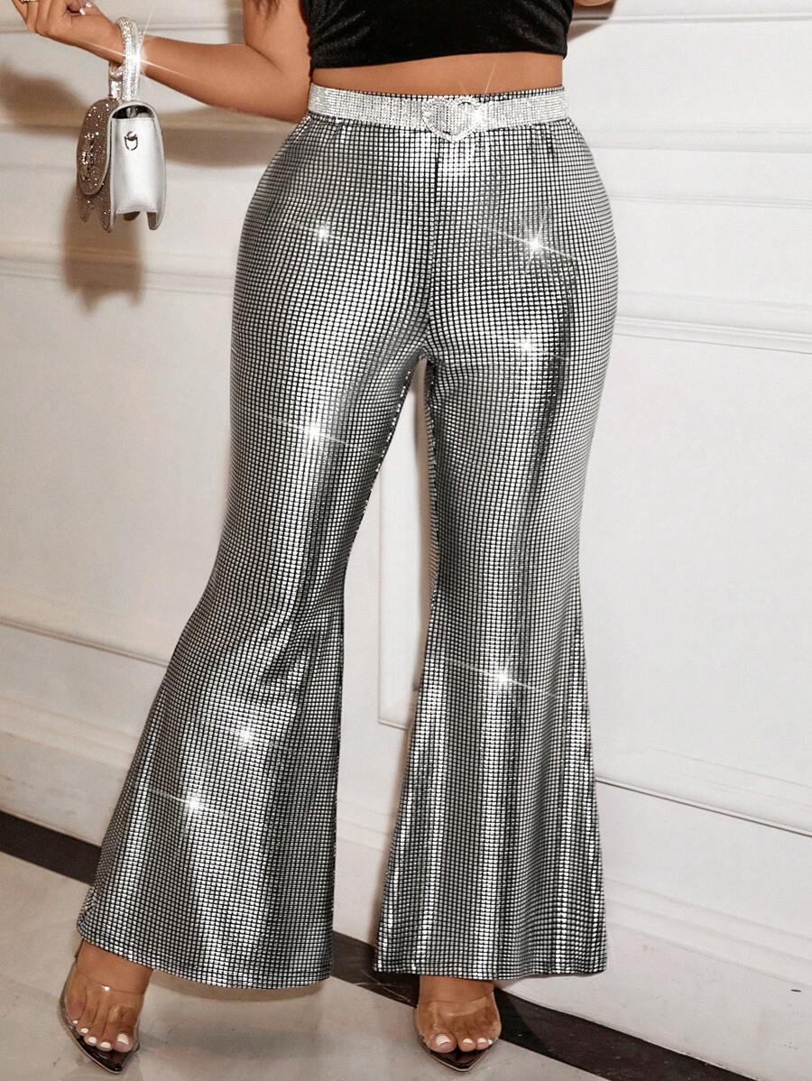 Cravure Große Größen Metallisch folierter Quadratmuster Schlaghose, Party/Ausflug Unterteil