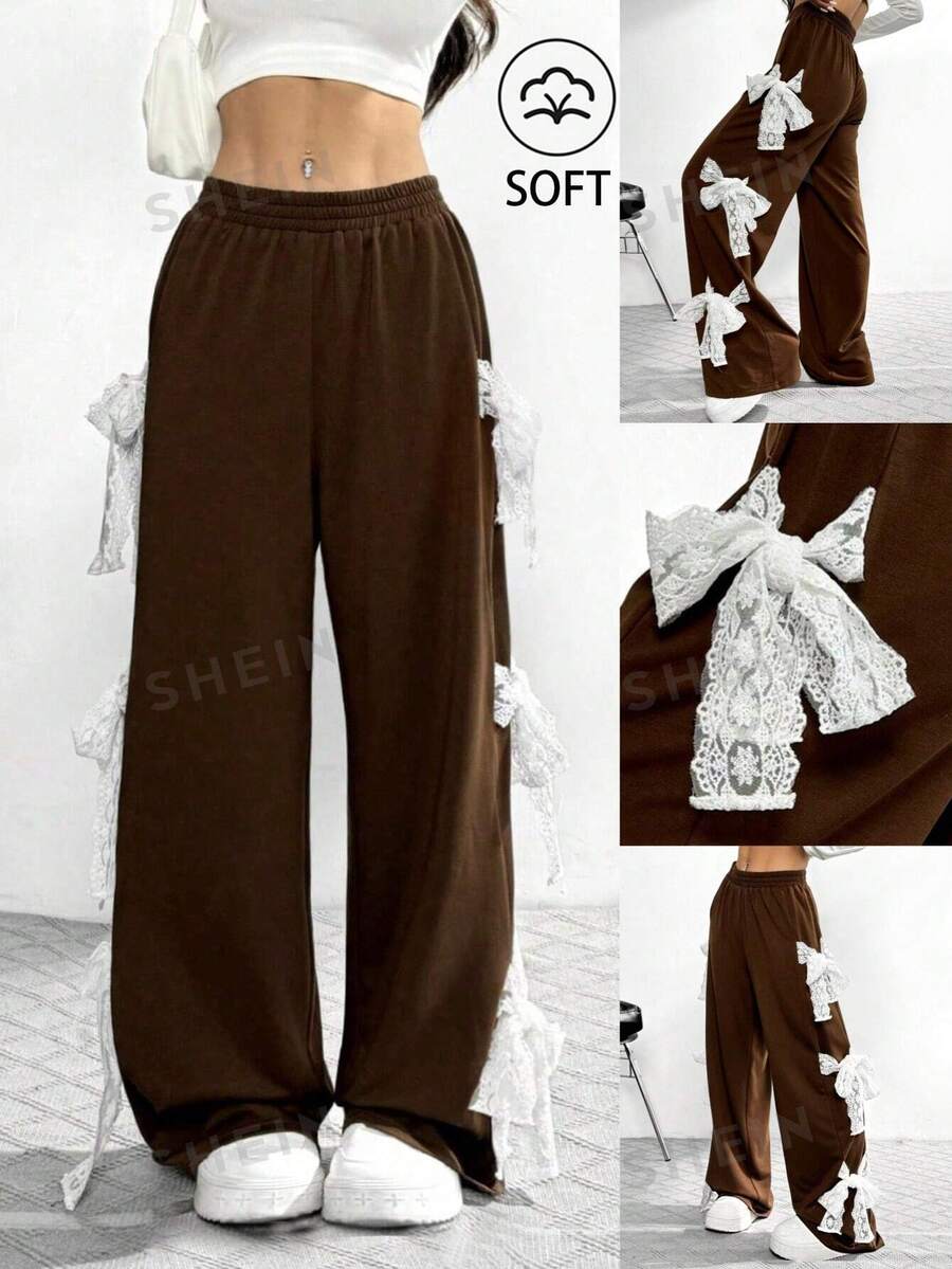 Chiquease Pantalón ancho casual de mujer con estilo Ins, con detalle de lazo y parche de encaje, pantalón recto de corte ancho para otoño