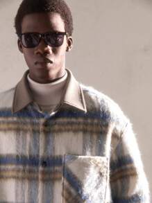 AKNOTIC Business Casual 圣诞节男士梭织撞色格子宽松休闲翻领落肩长袖纽扣前开衫，适合秋季、日常、新年、圣诞节，带有拼布领子和口袋，适合秋冬 - 藍色 - 查看 8