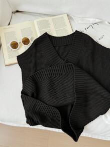 Tween Girls Casual Oversized Plain Color V-Neck Long Sweater Vest - Black - View 7