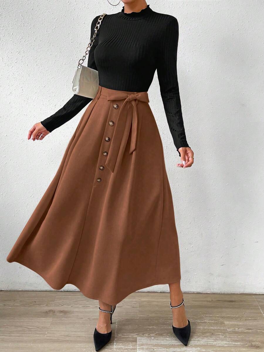 Chiquease Đầm Maxi Tay Dài Phối Nếp Gấp Phối Màu Có Thắt Lưng Maxi Nữ Trang Phục - màu nâu - Xem 1