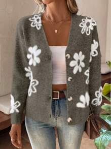 Chiquease Women's Floral Pattern Cardigan, Autumn & Winter - Dark Green - View 4