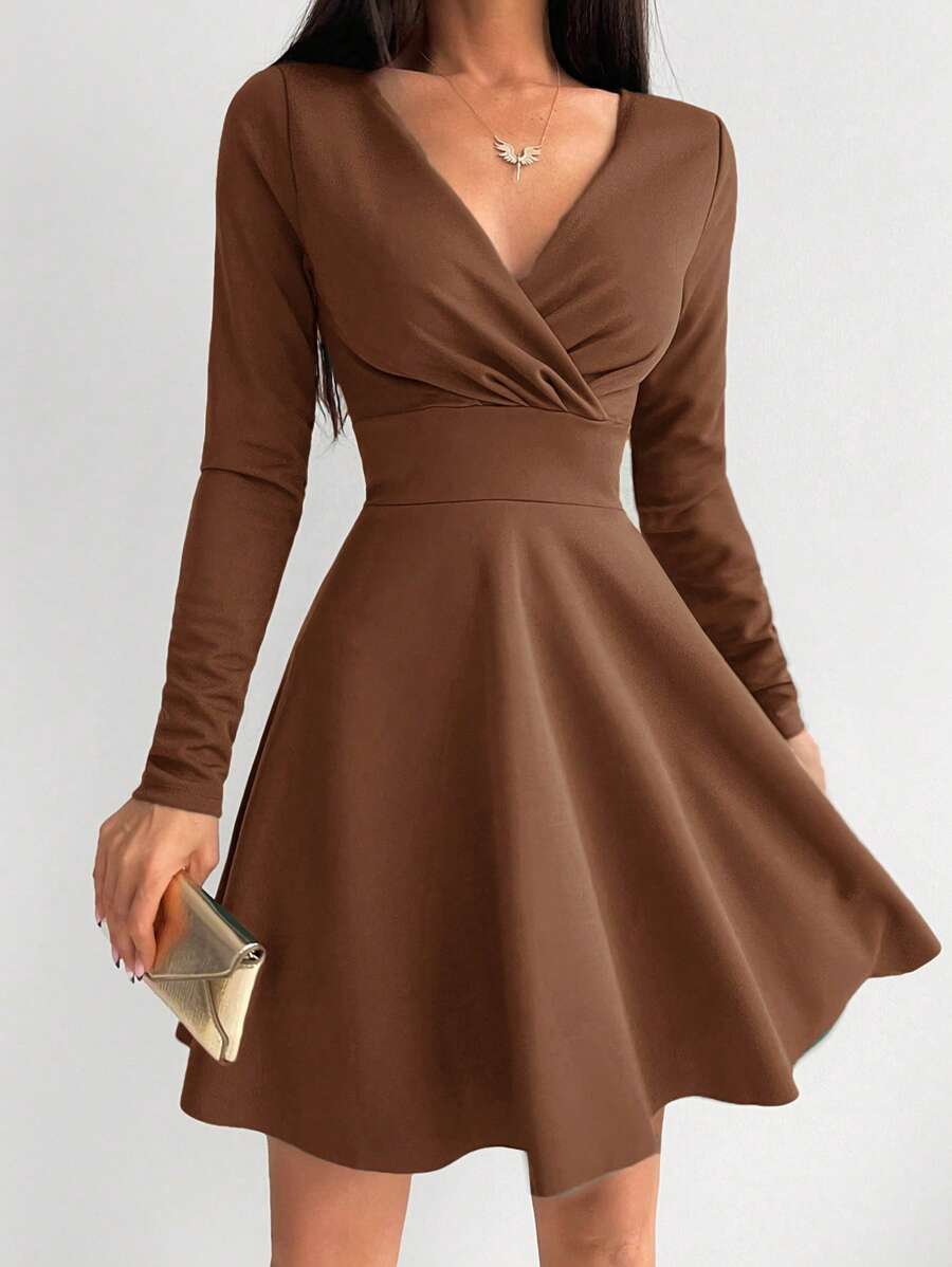 EURMUSE Solid Color Wrap Style Pleated Dress - Camel - View 1