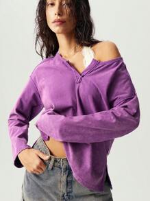 SHEIN BohoFeels Áo thun tay ngắn dệt kim màu trơn đơn giản hở phía trước dành cho nữ - Màu tím - Xem 8