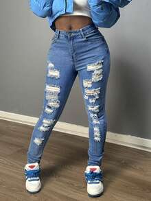 女士街头风格破洞紧身牛仔裤 - 中等水洗藍 - 查看 3