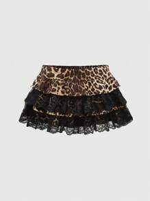 ROMWE Grunge Punk Y2K Kpop 辣妹复古豹纹蕾丝拼接迷你裙，低腰设计，女款 - 彩色 - 查看 2