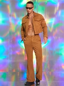 FeverCity 2pcs Men Loose Deer Velvet Drop Shoulder Short Shacket And Pants Set - Multicolor - View 5