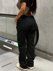 Women's Solid Color Cargo Pocket Straight Leg Casual Loose Pants