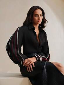 Anewsta 精致法式独特褶皱女式衬衫，高端设计优雅修身上衣女式衬衫 - 彩色 - 查看 4