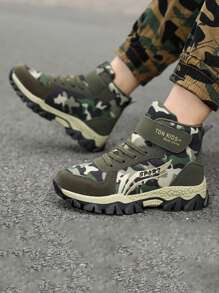 儿童迷彩军绿色靴子，防滑耐用户外靴，带保暖衬里，舒适柔软减震保护脚靴，男女通用时尚可爱设计 - 彩色 - 查看 2