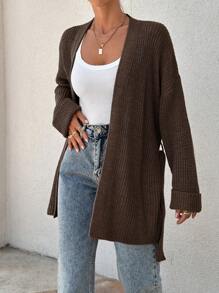 EURMUSE Women Oversize Asymmetric Shaped With Belt Detailed Rib Knitted Cardigan - Brown - View 4