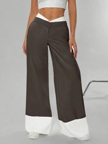 Flirla Women's Unmatched Waist Design High-End Style Extra Long Pants