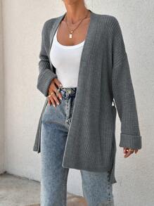 EURMUSE Women Oversize Asymmetric Shaped With Belt Detailed Rib Knitted Cardigan - Grey - View 4