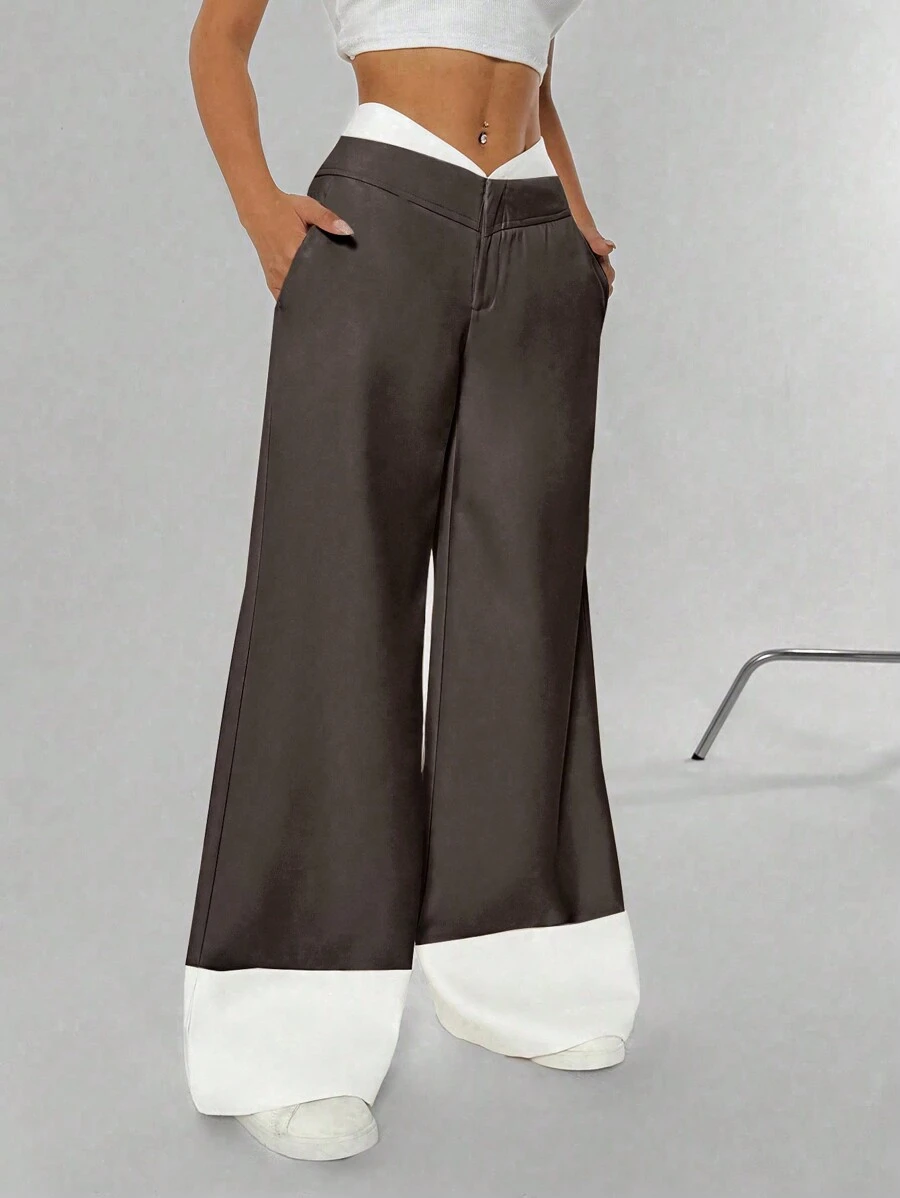 Flirla Women's Unmatched Waist Design High-End Style Extra Long Pants