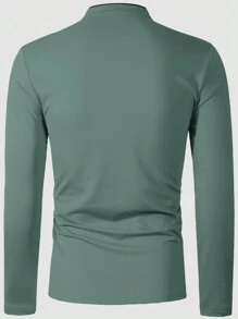 Manfinity Homme Men's Letter Print Long Sleeve Casual Polo Shirts, Autumn - Green - View 2