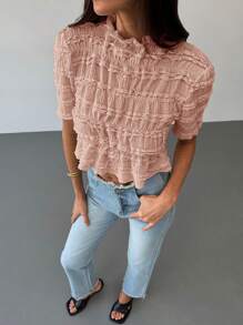 Aloruh Áo chui đầu cổ đứng chun dệt kim Jacquard mới - Hồng - Xem 5