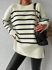 EURMUSE Striped Pattern Drop Shoulder Sweater - Beige - View 4