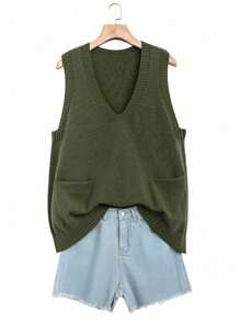 SHEIN LUNE Plus Size Solid Color Double Pocket Sweater Vest, Casual For Autumn - Army Green - View 1