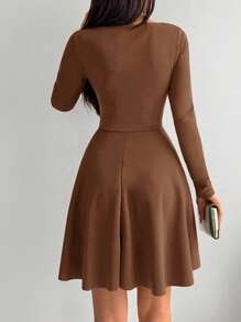 EURMUSE Solid Color Wrap Style Pleated Dress - Camel - View 2