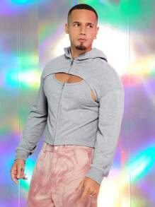 FeverCity Men Solid Color Zip-Up Front Hollow Out Hooded Jacket, Autumn, For Fall Winter - Multicolor - View 5