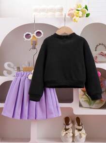 Elladie kids 2 件套少女套装：花卉图案针织开衫和百褶裙，时尚甜美休闲装，Ins 灵感时尚 - 黑色 - 查看 2