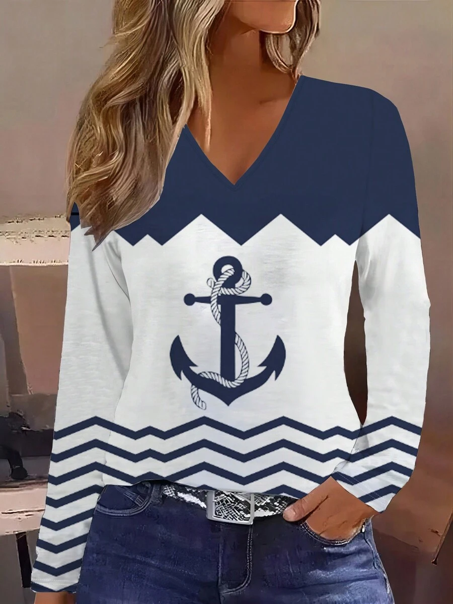 Loose Striped Anchor Decor V-Neck Long Sleeve Round Neck T-Shirt For Women