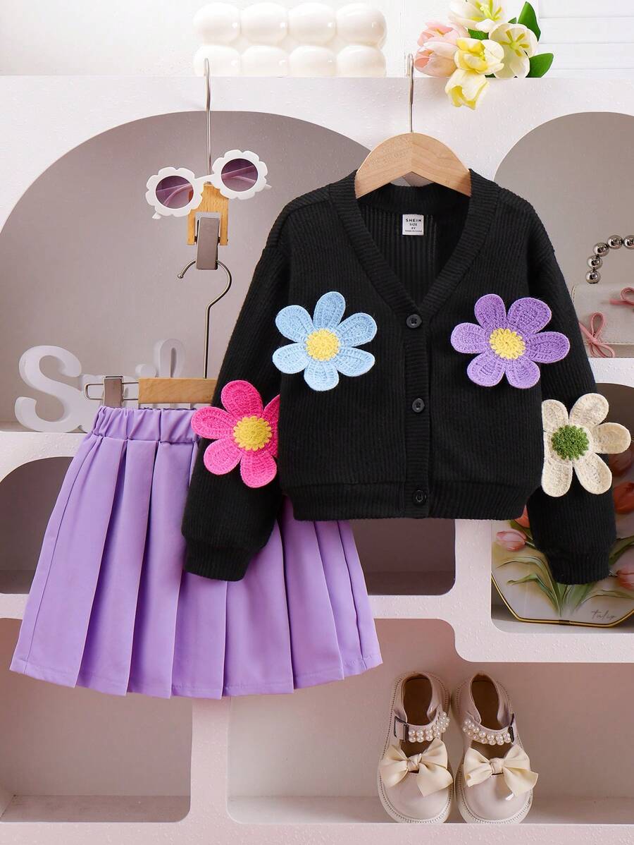 Elladie kids 2 件套少女套装：花卉图案针织开衫和百褶裙，时尚甜美休闲装，Ins 灵感时尚 - 黑色 - 查看 1