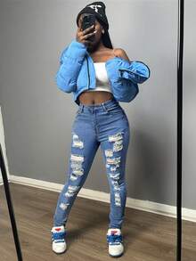 女士街头风格破洞紧身牛仔裤 - 中等水洗藍 - 查看 6