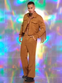 FeverCity 2pcs Men Loose Deer Velvet Drop Shoulder Short Shacket And Pants Set - Multicolor - View 1