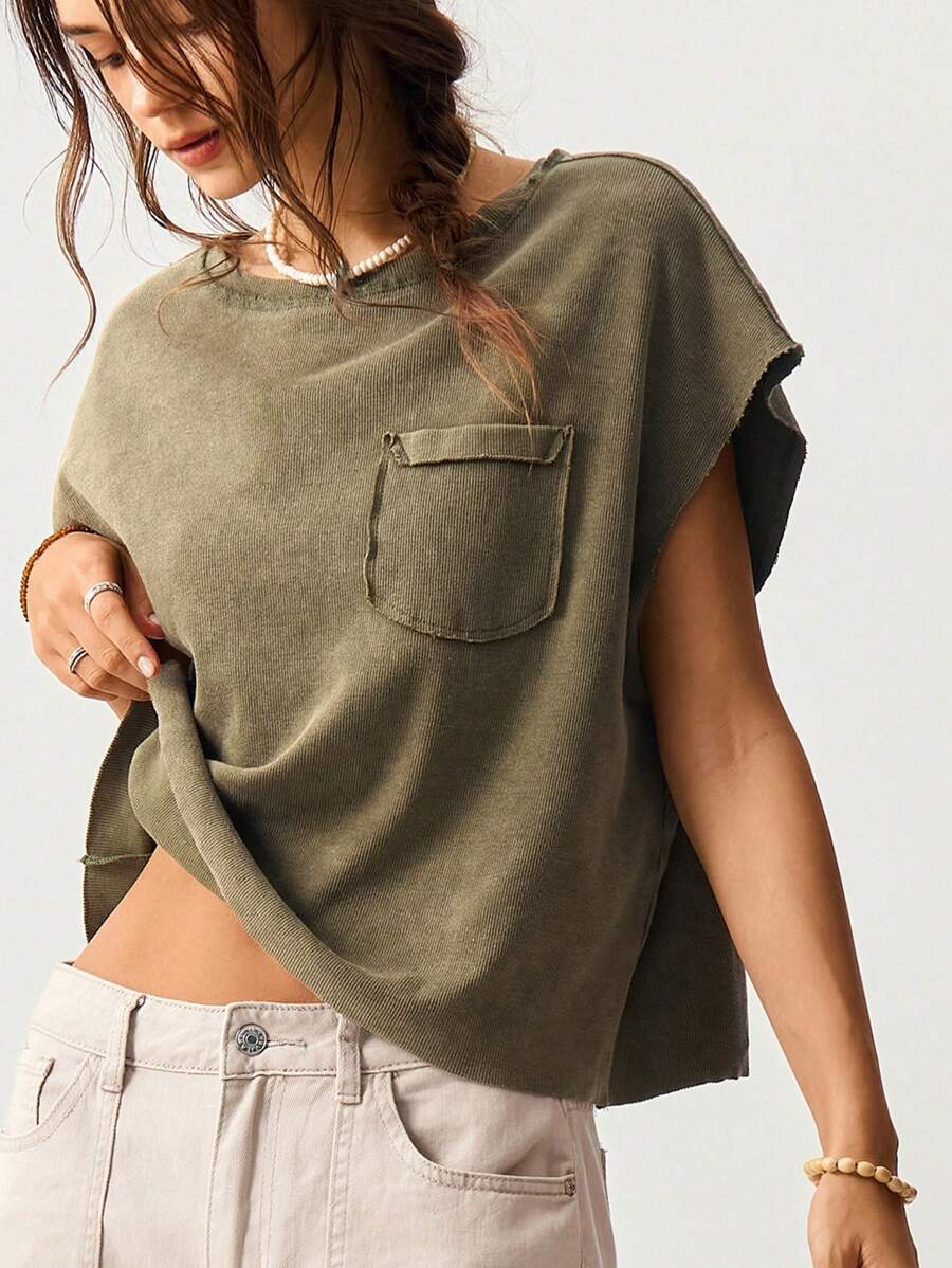 Bohemela 女式做旧洗漱袋圆领宽松 T 恤 - 橄欖綠 - 查看 1