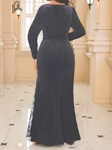 SHEIN Lady Vestido elegante de talla grande de estilo de cola de sirena de punto negro para fiesta de cóctel de San Valentín de otoño e invierno, vestidos de fiesta para mujer, vestidos de cola de sirena, vestidos de encaje negro, vestidos de fiesta formales