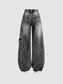 SHEIN Girlism 少女 Y2K 磨边星星缀饰宽松蓝色牛仔裤，秋季返校服装，女孩牛仔裤 - 灰色 - 查看 2