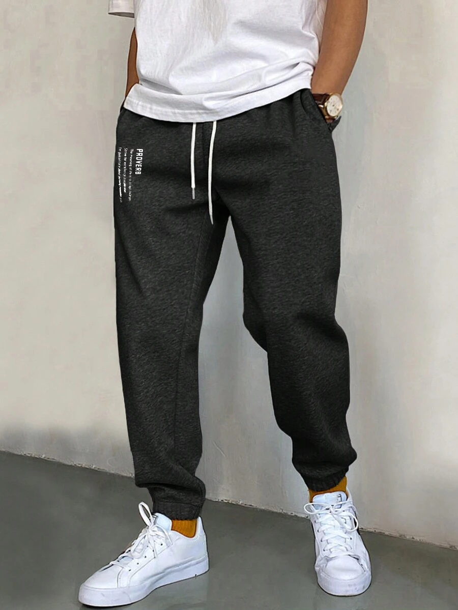 EURMUSE Cotton Men Slogan Graphic Drawstring Waist Sweatpants - Dark Grey - View 1