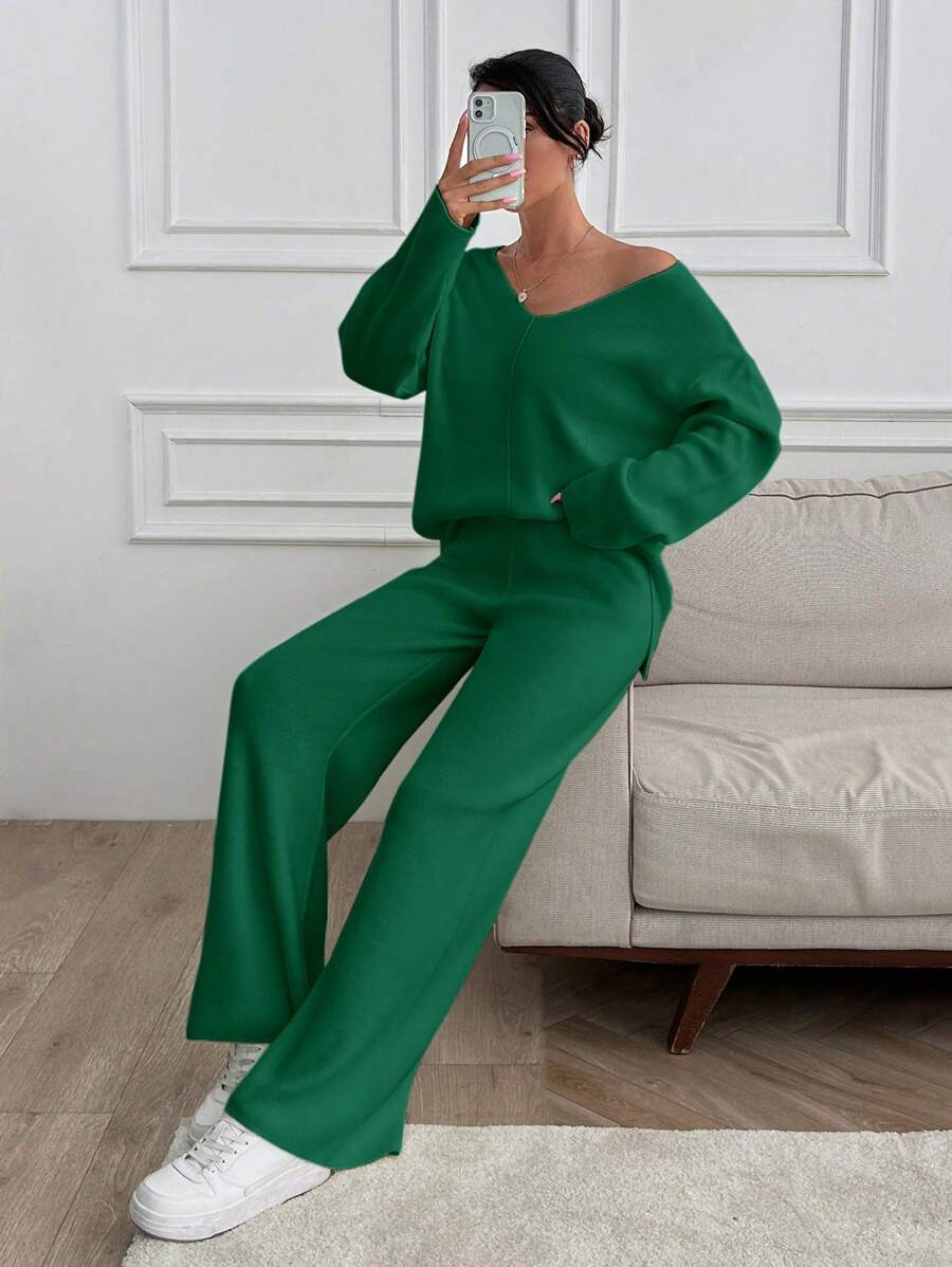 EURMUSE Women V-Neck OverSize Sweater And Knit Pant Set - Hijau - View 1