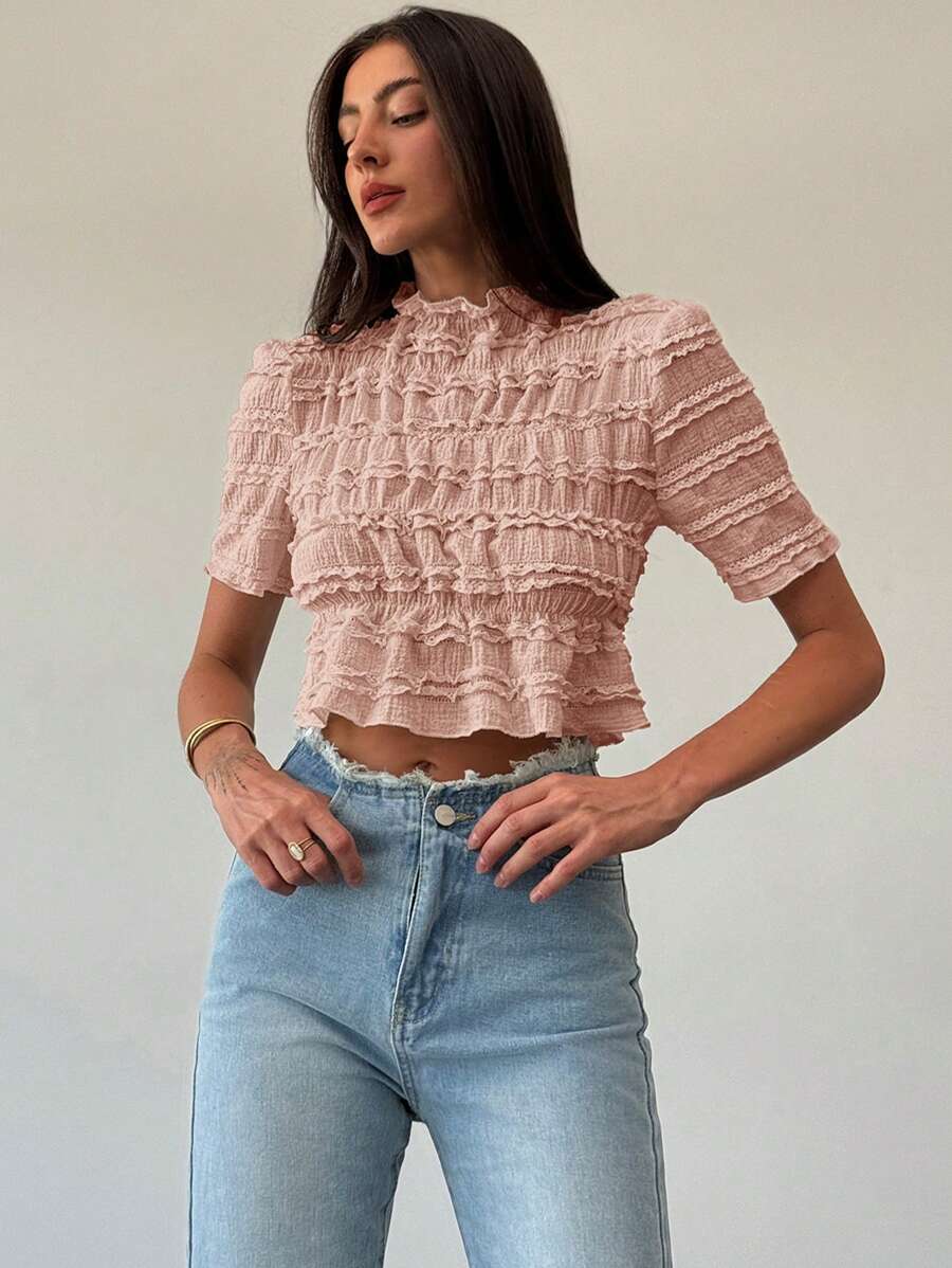 Aloruh Áo chui đầu cổ đứng chun dệt kim Jacquard mới - Hồng - Xem 1