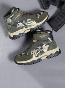 儿童迷彩军绿色靴子，防滑耐用户外靴，带保暖衬里，舒适柔软减震保护脚靴，男女通用时尚可爱设计 - 彩色 - 查看 4