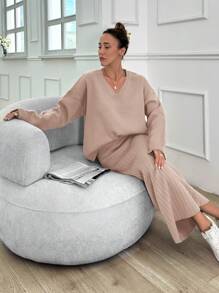 RueChic Casual Oversize V Neck Flare Sleeve Sweater & Maxi Rib Knit Sweater Skirt 2 Piece Set - Pink - View 2