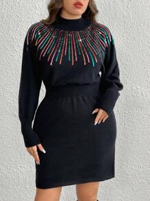 SHEIN Clasi Váy len dệt kim dài tay đính sequin thanh lịch cỡ lớn, mùa thu/đông - màu đen - Xem 4