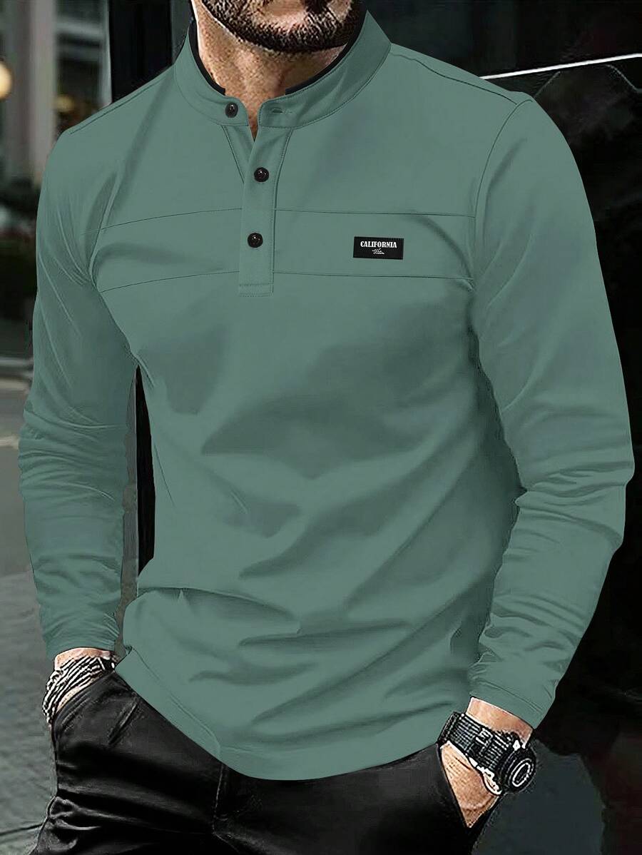 Manfinity Homme Men's Letter Print Long Sleeve Casual Polo Shirts, Autumn - Green - View 1