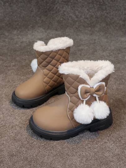 Girls Mid-Calf Snow Boots With Bow Decor, Children Flat Winter Warm Shoes, Cute For Girls