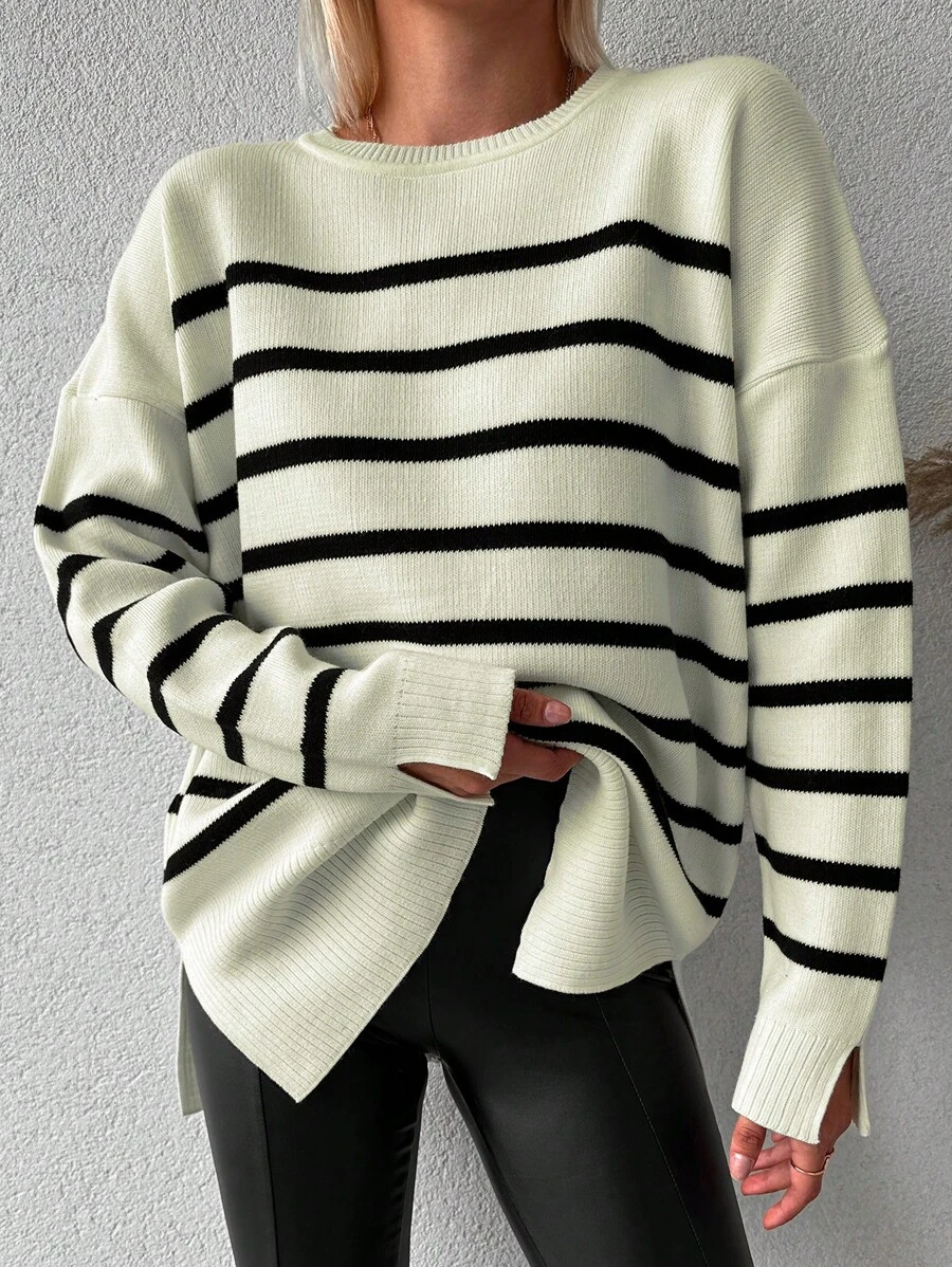 EURMUSE Striped Pattern Drop Shoulder Sweater - Beige - View 1