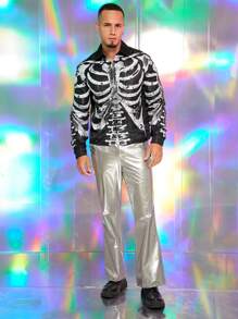 FeverCity Men's Skeleton Print Long Sleeve Single Breasted Casual Rave Shirt, Fashionable Style For Autumn, Going Out, Boyfriend Gift