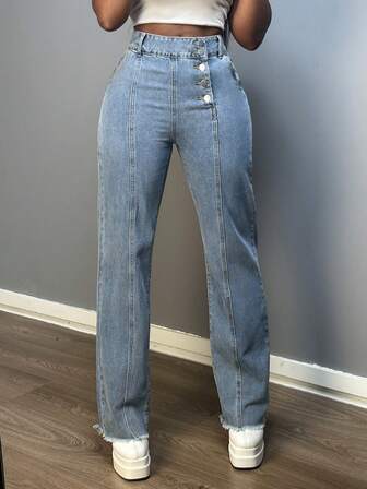 女式休闲水洗纽扣直筒牛仔裤