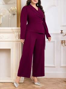 Modelyn 大码女式纯色翻领褶裥裹身夹克和裤子优雅套装 - 紫色 - 查看 7